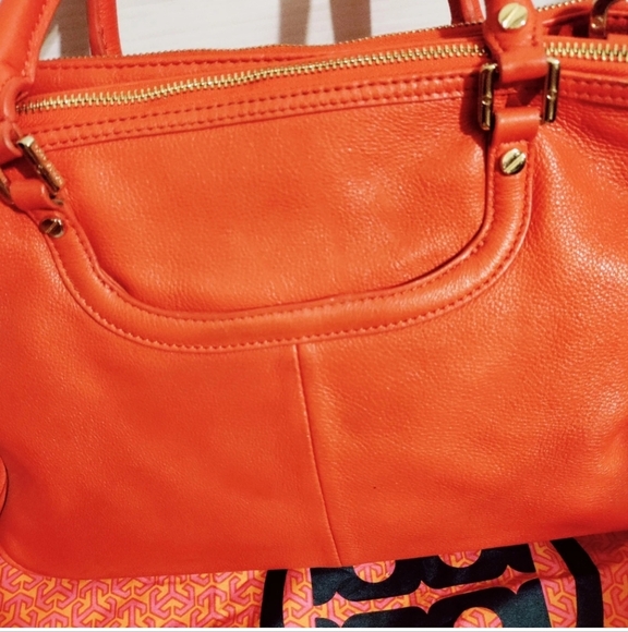 Tory Burch Amanda Orange Leather Logo Satchel Shoulder Bag –With Matching Mirror - Picture 5 of 14
